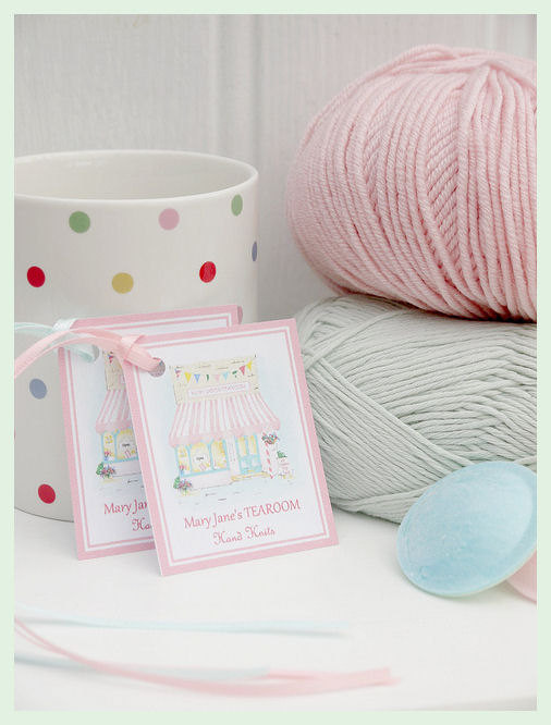 MJT Handmade Gift Tags x 4 / MJT Toy Knitting Patterns/ Plaster Pink/ Duck Egg Satin Ribbon/Tearoom Illustration