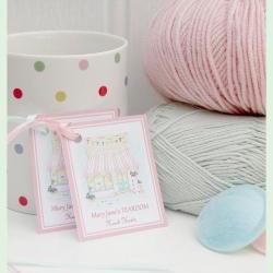 MJT Handmade Gift Tags x 4 / MJT Toy Knitting Patterns/ Plaster Pink/ Duck Egg Satin Ribbon/Tearoom Illustration